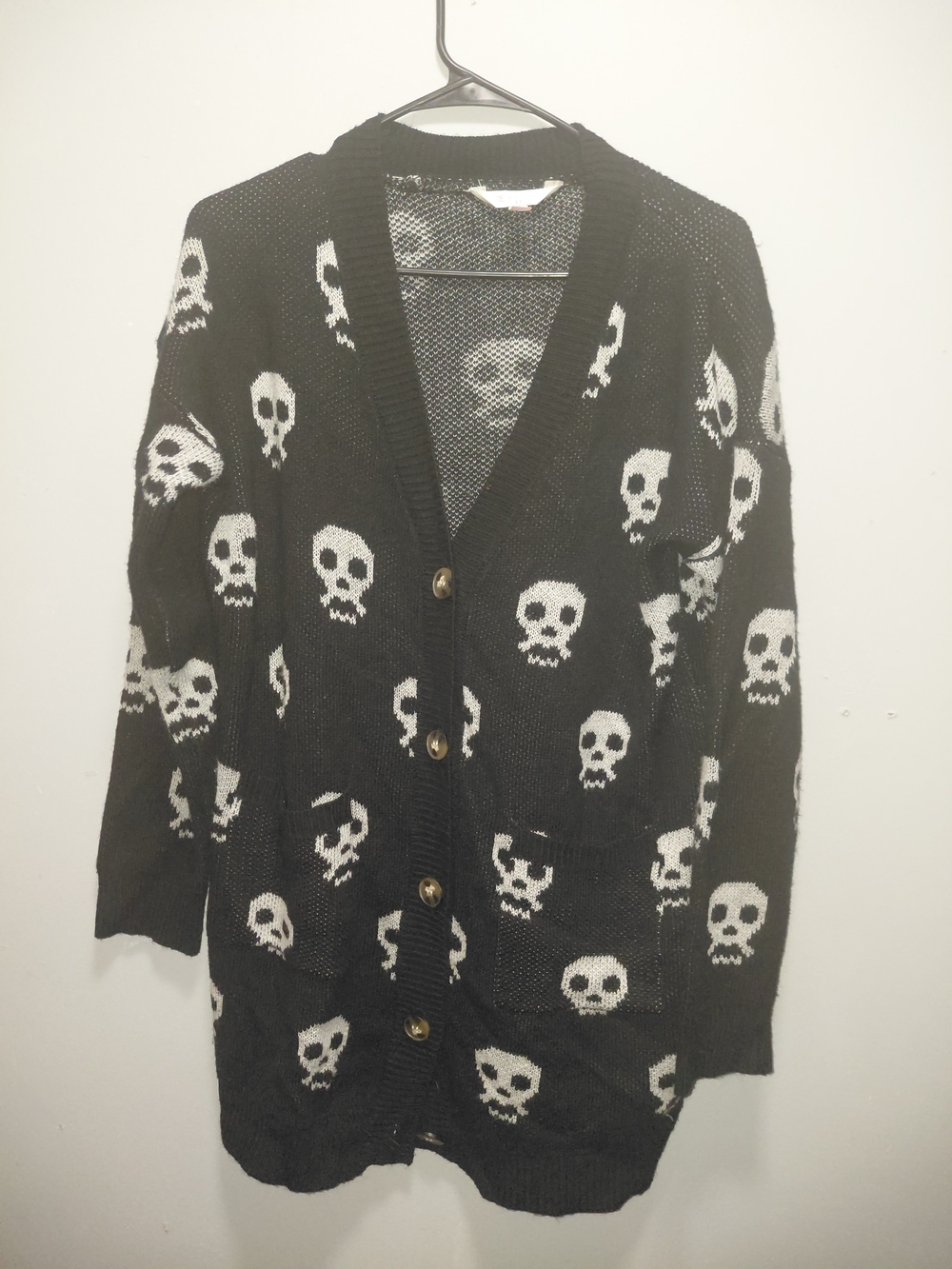 No Boundaries Black Cardigan with White Skull Pattern Large